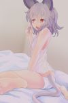  1girl animal_ears bare_shoulders bed grey_hair ishikkoro mouse_ears mouse_tail nazrin open_mouth panties red_eyes short_hair sitting solo tail touhou underwear wariza white_panties 