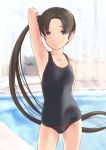  1girl alternate_costume arm_up ayanami_(kantai_collection) blush brown_hair highres kantai_collection long_hair looking_at_viewer one-piece_swimsuit side_ponytail smile solo swimsuit wa_(genryusui) 