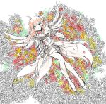  1girl armor armored_dress bare_shoulders belt bow braid dress feathered_wings flower full_body gauntlets grass green_eyes hair_ornament knees_together_feet_apart knees_touching leaf lying on_back orange_hair orange_rose petals pikomarie puzzle_&amp;_dragons red_rose rose short_hair short_hair_with_long_locks simple_background sleeveless sleeveless_dress solo spot_color thorns twin_braids valkyrie valkyrie_(p&amp;d) vines white_background wings yellow_rose 