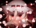  1girl check_commentary commentary commentary_request danmaku flandre_scarlet flat_chest hat hat_ribbon looking_at_viewer mob_cap outstretched_arm outstretched_hand red_eyes ribbon slit_pupils solo touhou toutenkou tsurime 