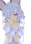  1girl alternate_costume animal_ears blush grey_hair ishikkoro looking_at_viewer messy_hair mouse_ears nazrin open_mouth red_eyes short_hair simple_background solo tongue tongue_out touhou white_background wink wrist_cuffs 