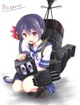  1girl a9b_(louis814) akebono_(kantai_collection) bell fang flower hair_bell hair_ornament kantai_collection long_hair looking_at_viewer machinery open_mouth purple_hair side_ponytail solo squatting turret violet_eyes 