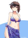  1girl artist_name bare_shoulders bikini blue_bikini breasts brown_eyes brown_hair cleavage collarbone contrapposto front-tie_top hair_between_eyes ica kaga_(kantai_collection) kantai_collection navel sarong side_ponytail solo stomach swimsuit visor_cap 