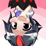  1girl :d black_hair chibi hand_on_own_chin horns kijin_seija looking_at_viewer multicolored_hair open_mouth red_eyes sharp_teeth short_hair smile solo tagme touhou two-tone_hair twumi upside-down 