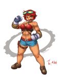  1girl bare_shoulders boxing_gloves breasts cleavage cutoffs dark_skin denim denim_shorts dungeon_and_fighter fighter_(dungeon_and_fighter) full_body goggles goggles_on_head halter_top halterneck navel nestkeeper red_eyes redhead shoes shorts solo standing thigh_pouch toned 