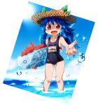  1girl beach blue_hair byourou collarbone fang food fruit hat hinanawi_tenshi long_hair one-piece_swimsuit open_mouth peach red_eyes school_swimsuit solo straw_hat swimsuit touhou wading 