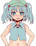  1girl :3 bare_shoulders blue_eyes blue_hair bust cabbie_hat crop_top dress hair_bobbles hair_ornament hat kawashiro_nitori looking_at_viewer navel open_mouth short_hair short_twintails sleeveless smile solo touhou twintails yakan_7 