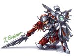  1girl armor bared_teeth full_armor gauntlets helmet knight league_of_legends leona_(league_of_legends) nestkeeper one_knee red_eyes redhead shield solo sword weapon 