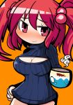  1girl blush bottomless breasts cleavage coffee_mug hand_on_hip kunitori large_breasts looking_at_viewer nervous_smile nose_blush onozuka_komachi open-chest_sweater red_eyes redhead ribbed_sweater short_hair smile solo steam sweater touhou turtleneck turtleneck_sweater two_side_up 