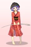  1girl barefoot collarbone fangs hat head_tilt highres holding japanese_clothes kimono lavender_hair looking_at_viewer needle obi open_mouth pink_background print_kimono rice_bowl sash shone simple_background smile solo sukuna_shinmyoumaru touhou violet_eyes 