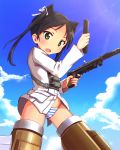  1girl a9b_(louis814) animal_ears black_hair cat_ears fang francesca_lucchini green_eyes gun hair_ribbon highres looking_at_viewer machine_gun military military_uniform open_mouth panties reloading ribbon solo strike_witches striker_unit striped striped_panties twintails underwear uniform weapon 