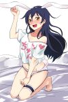  1girl animal_ears bare_shoulders blue_hair blush brown_eyes bunny_tail fake_animal_ears kneeling leg_garter long_hair looking_at_viewer love_live!_school_idol_project off_shoulder open_mouth panties rabbit_ears solo sonoda_umi tail underwear white-aster 