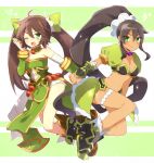  &gt;:) &gt;;d 2girls ahoge black_hair breasts brown_hair character_request cleavage green_eyes hair_ornament holding_hands long_hair looking_at_viewer multiple_girls navel one_eye_closed open_mouth ponytail saibi sangokushi_puzzle_taisen sangokushi_taisen smile 