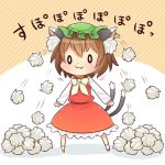  1girl :3 animal_ears bow brown_hair cat_ears cat_tail chen commentary_request dress earrings fang fluffy ibarashiro_natou jewelry kedama long_sleeves mob_cap multiple_tails red_dress shirt single_earring solo tail touhou 