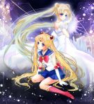  2girls bishoujo_senshi_sailor_moon blonde_hair blue_eyes blue_skirt boots bow brooch choker crescent double_bun dress dual_persona earrings elbow_gloves facial_mark forehead_mark gloves hair_ornament hairpin jewelry knee_boots long_hair looking_back magical_girl multiple_girls pleated_skirt princess_serenity ribbon sailor_collar sailor_moon skirt smile strapless_dress tsukino_usagi twintails very_long_hair white_dress white_gloves yzkring 