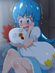  1girl blue_dress blue_eyes blue_hair blush dress eyelashes happinesscharge_precure! long_hair open_mouth precure shirayuki_hime sitting solo tj-type1 