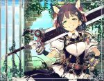  1girl animal_ears armor belt black_hair brick_wall cat_ears fingerless_gloves flower gate gloves green_eyes hair_flower hair_ornament original short_hair smile solo subachi sword weapon 