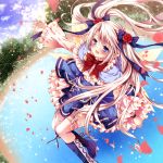  1girl :d blonde_hair blue_eyes blurry bow depth_of_field dutch_angle flower flower_on_head frilled_skirt frills hair_bow hair_ornament hair_ribbon long_hair nogi_takayoshi open_mouth original petals pointy_ears ribbon rose skirt smile solo twintails wind 
