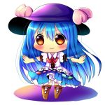  1girl :3 blue_hair blush brown_eyes chibi chocolat_(momoiro_piano) food fruit hat hinanawi_tenshi long_hair looking_at_viewer outstretched_arms peach smile solo spread_arms tagme touhou 