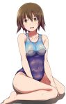  1girl blush brown_eyes brown_hair competition_swimsuit covered_navel looking_at_viewer miyafuji_yoshika navel one-piece_swimsuit open_mouth short_hair sitting solo strike_witches suisen_toire_(moko924) swimsuit wariza wet white_background 