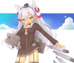  &gt;:d 1girl :d amatsukaze_(kantai_collection) garter_straps kantai_collection long_hair nasuaki_(nas-aki) open_mouth rensouhou-kun school_uniform serafuku silver_hair smile thigh-highs two_side_up yellow_eyes 