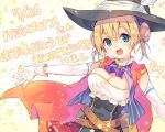  1girl :d belt blonde_hair blue_eyes borrowed_character breasts cape cleavage double_bun gloves hair_ribbon happy_birthday hat hat_feather natsu_natsuna open_mouth original pinstripe_pattern ribbon short_hair skirt smile solo twintails witch_hat 