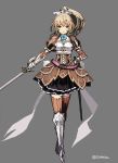  1girl alternate_costume alternate_weapon armor armored_boots belt blonde_hair blue_eyes boots fantasy flower grey_background kantai_collection kumano_(kantai_collection) light_brown_hair looking_at_viewer ponytail simple_background solo standing sumisu_(mondo) sword tagme thigh-highs twitter_username weapon 
