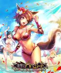  3girls ^_^ animal_ears barefoot beach bikini breasts brown_hair cleavage closed_eyes flower green_hair hair_flower hair_ornament jewelry long_hair multiple_girls navel necklace ocean pink_hair shingeki_no_bahamut short_hair sky smile swimsuit tail violet_eyes water 