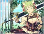  1girl animal_ears armor belt brick_wall cat_ears fingerless_gloves flower gate gloves green_eyes green_hair hair_flower hair_ornament original short_hair smile solo subachi sword weapon 