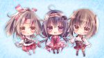  3girls :&lt; ahoge brown_eyes brown_hair chibi hachimaki hairband headband hina_(ohinao) kantai_collection long_hair looking_at_viewer low_twintails multiple_girls muneate open_mouth ponytail red_eyes ryuuhou_(kantai_collection) short_hair skirt sleeves_past_wrists smile taigei_(kantai_collection) taihou_(kantai_collection) thigh-highs twintails violet_eyes wide_sleeves zuihou_(kantai_collection) 