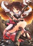  1girl brown_eyes brown_hair elbow_gloves gloves goushou hair_ornament kantai_collection looking_at_viewer scarf sendai_(kantai_collection) short_hair smile solo torn_clothes torpedo two_side_up 