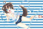  1girl ahoge animal_ears blue_eyes blush brown_hair dog_ears dog_tail hose original sandals short_hair shorts smile solo striped striped_background sumikaze tail water 