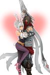  1boy 1girl animal_ears blade bunnysuit folded_ponytail highres league_of_legends mask pantyhose rabbit_ears red_eyes riven_(league_of_legends) short_hair talon_(league_of_legends) tango weapon white_hair wocami 