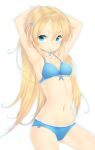  1girl armpits arms_up blonde_hair blue_bra blue_eyes blue_panties bra breasts cleavage long_hair looking_at_viewer mouth_hold navel original panties simple_background small_breasts solo stomach tying_hair underwear underwear_only very_long_hair white_background zizi_(zz22) 