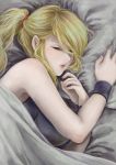  bare_shoulders bed blanket blonde_hair highres lips metroid motoji_(hamayarawa) pillow ponytail samus_aran sleeping sports_bra wristband 