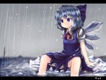  1girl arm_support artist_name blue_eyes blue_hair blush bow cirno dress dress_shirt hail hair_bow highres ice ice_wings kys_(k-k2) letterboxed looking_down partially_submerged puffy_short_sleeves puffy_sleeves rain shirt short_hair short_sleeves sitting sitting_on_rock smile solo touhou wading water wings 