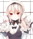  1girl black_dress bonnet bow bust doll_joints dress gothic_lolita lolita_fashion long_sleeves pen-zin red_eyes rozen_maiden silver_hair smile solo suigintou wide_sleeves 