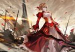  1girl aestus_estus ahoge blonde_hair breasts cleavage dress epaulettes fate/extra fate_(series) green_eyes hair_ribbon ribbon saber_extra sixingcao smile solo sword weapon 