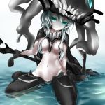  1girl aqua_eyes black_gloves bodysuit covered_navel gloves glowing glowing_eyes hat janne_cherry kantai_collection looking_at_viewer partially_submerged shinkaisei-kan short_hair_with_long_locks sitting solo staff wariza water wo-class_aircraft_carrier 