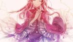  1girl axis_powers_hetalia branch brown_hair china_dress chinese_clothes closed_eyes dress frilled_sleeves frills hands_together interlocked_fingers long_hair long_sleeves pink_background red_dress smile solo taiwan_(hetalia) yao_guanzi 