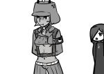  2girls armband arms_behind_back black_egrets blue_(bluevp) breasts cosplay fang harness helmet military military_uniform monochrome multiple_girls nadia_fortune navel parasoul_(skullgirls) revealing_clothes scar skullgirls solo_focus underboob uniform 