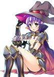  1girl armor bat_wings belt blush bucchake_(asami) cape cat center_opening gauntlets hat highres looking_at_viewer magical_halloween noir_auslese pointy_ears purple_hair short_hair sitting small_breasts solo white_background wings yellow_eyes 