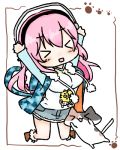 &gt;_&lt; 1girl :d blush breasts cat chibi closed_eyes headphones hoodie large_breasts long_hair lowres nitroplus open_mouth pink_hair pom_pom_(clothes) smile solo super_sonico xd 