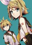  blonde_hair blue_eyes headphones kagamine_len kagamine_rin necktie ribbon siblings twins vocaloid wono_komichi 