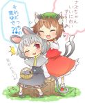  2girls :3 animal_ears baseball_bat bow brown_hair capelet cat_ears cat_tail chen closed_eyes dress ear_piercing fang gem grass grey_dress grey_hair hair_tussle heart ibarashiro_natou jewelry long_sleeves mob_cap mouse mouse_ears mouse_tail multiple_girls multiple_tails nazrin necklace one_eye_closed open_mouth pendant piercing pink_eyes red_dress single_earring tail touhou translated tree_stump 