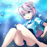  1girl bubble hair_ornament i-58_(kantai_collection) janne_cherry kantai_collection open_mouth pink_eyes pink_hair sailor_collar school_swimsuit short_hair solo swimsuit swimsuit_under_clothes torpedo underwater 