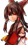  1girl ascot bare_shoulders bow bust detached_sleeves frilled_bow frills hair_bow hair_tubes hakurei_reimu long_hair long_sleeves looking_at_viewer ne_kuro red_bow red_eyes simple_background smile solo touhou white_background 