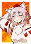  1girl absurdres animal_ears bare_shoulders blush breasts closed_eyes detached_sleeves fang hand_on_head hat heikouidou_(seraeno) highres inubashiri_momiji looking_at_viewer pom_pom_(clothes) short_hair silver_hair solo tokin_hat touhou wolf_ears 