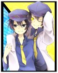  2girls androgynous arm_around_shoulder blue_eyes blue_hair cabbie_hat dark_persona dual_persona hat labcoat multiple_girls necktie persona persona_4 reverse_trap shadow_naoto shigure_rin shirogane_naoto short_hair sleeves_past_wrists smile 