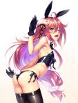 1girl ahoge animal_ears bikini black_gloves black_legwear blush breasts bunny_hair_ornament bunny_tail bunnysuit crescent_hair_ornament detached_collar gloves h_kasei hair_ornament hair_ribbon highres kantai_collection long_hair looking_at_viewer midriff one_eye_closed open_mouth rabbit_ears red_eyes redhead ribbon side-tie_bikini smile solo swimsuit tail thigh-highs uzuki_(kantai_collection) very_long_hair 